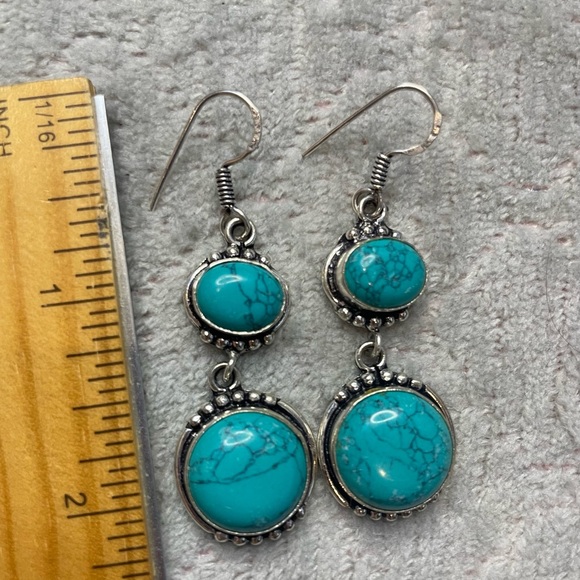Sterling Silver antiqued bezel oval & round created turquoise drop earrings - Picture 2 of 4